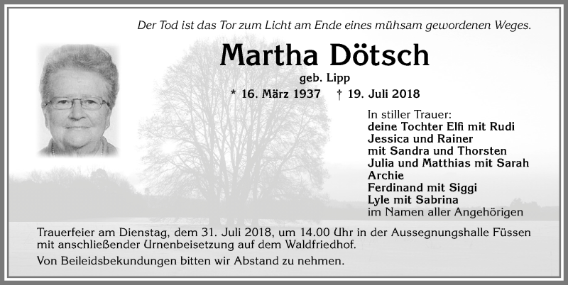  Traueranzeige für Martha Dötsch vom 28.07.2018 aus Allgäuer Zeitung, Füssen