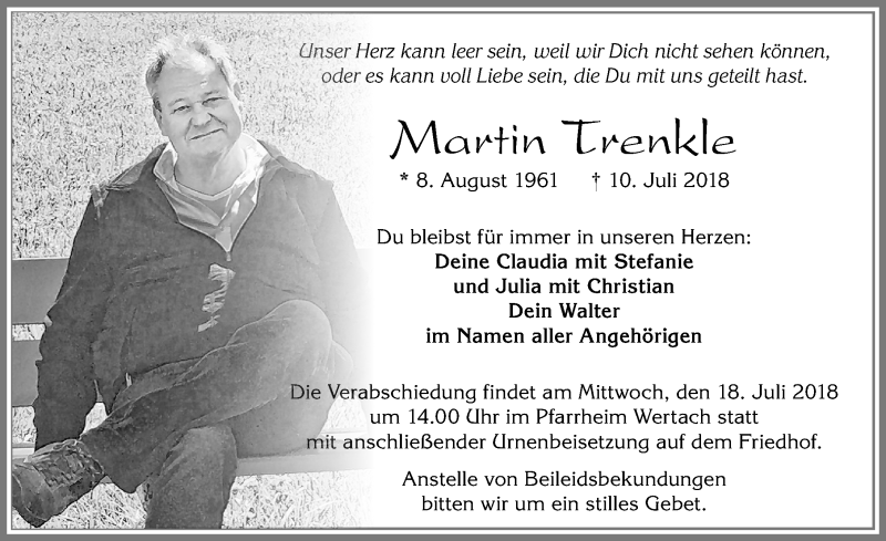  Traueranzeige für Martin Trenkle vom 16.07.2018 aus Allgäuer Zeitung