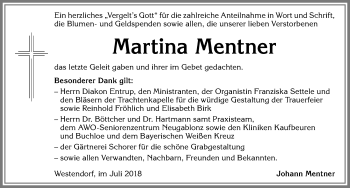 Traueranzeige von Martina Mentner von Allgäuer Zeitung, Kaufbeuren/Buchloe