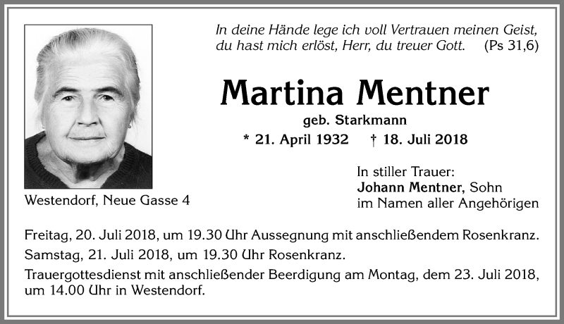 Traueranzeige für Martina Mentner vom 20.07.2018 aus Allgäuer Zeitung, Kaufbeuren/Buchloe