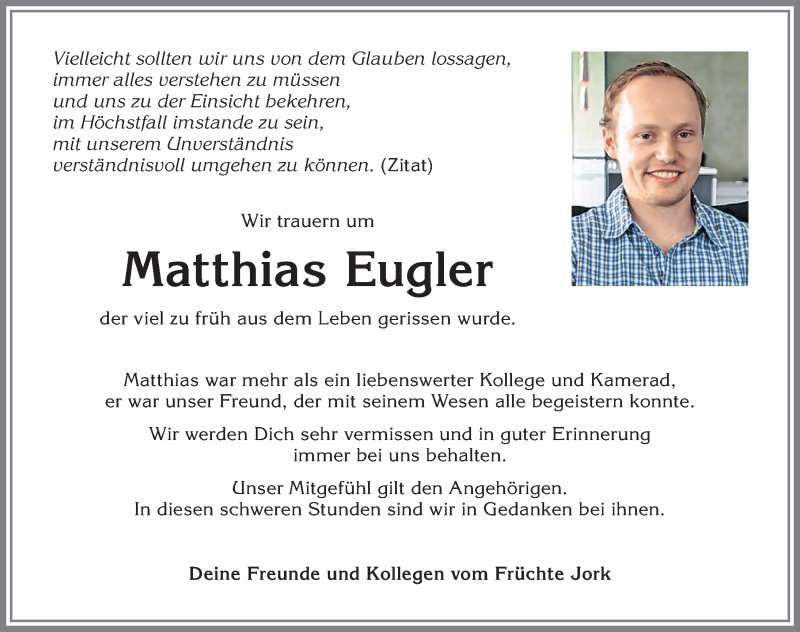  Traueranzeige für Matthias Eugler vom 13.07.2018 aus Allgäuer Zeitung, Gesamtausgabe