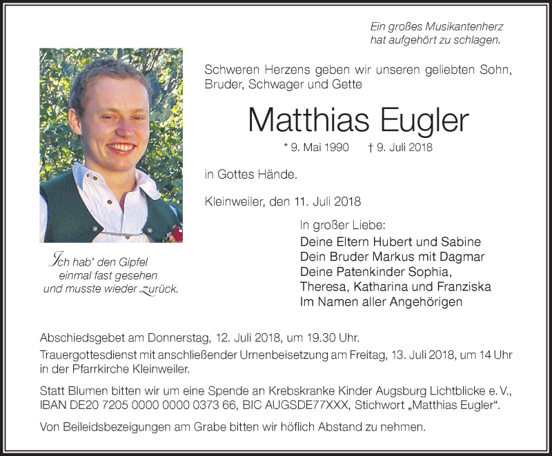  Traueranzeige für Matthias Eugler vom 11.07.2018 aus Allgäuer Zeitung,Kempten