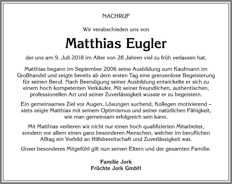  Traueranzeige für Matthias Eugler vom 13.07.2018 aus Allgäuer Zeitung, Gesamtausgabe