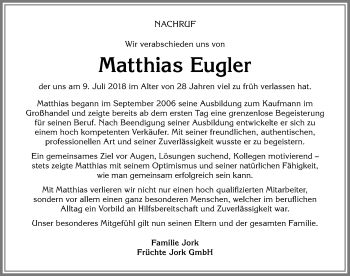 Traueranzeige von Matthias Eugler von Allgäuer Zeitung, Gesamtausgabe