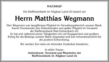 Traueranzeige von Matthias Wegmann von Memminger Zeitung