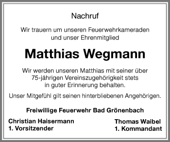 Traueranzeige von Matthias Wegmann von Memminger Zeitung