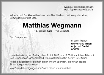 Traueranzeige von Matthias Wegmann von Memminger Zeitung