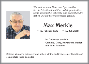 Traueranzeige von Max Merkle von Allgäuer Zeitung,Kempten