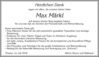 Traueranzeige von Max Märkl von Allgäuer Zeitung, Füssen