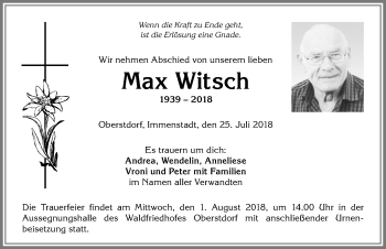 Traueranzeige von Max Witsch von Allgäuer Anzeigeblatt