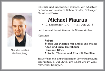 Traueranzeige von Michael Maurus von Allgäuer Zeitung,Kempten