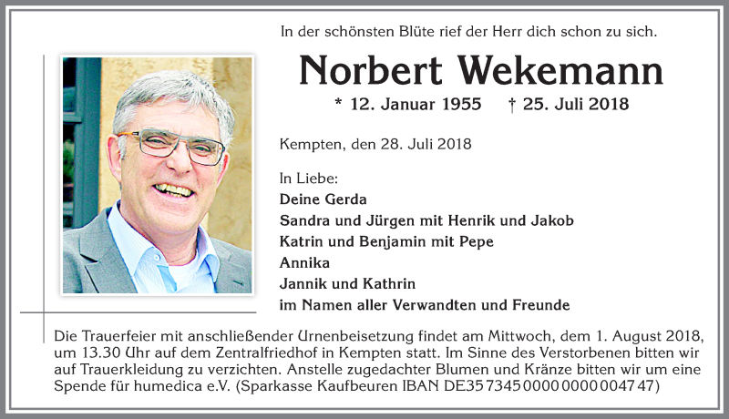  Traueranzeige für Norbert Wekemann vom 28.07.2018 aus Allgäuer Anzeigeblatt