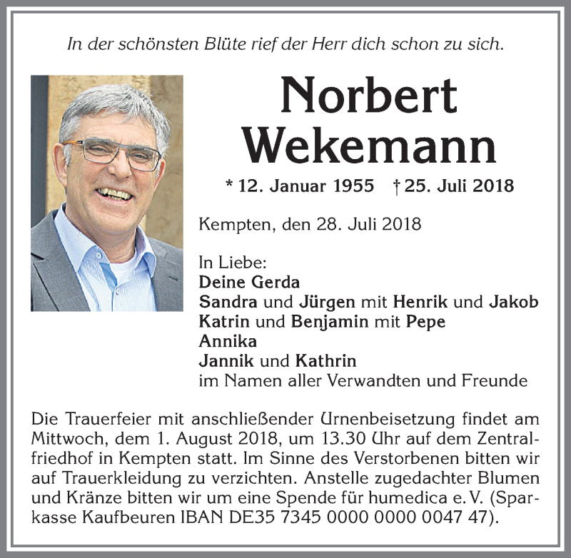  Traueranzeige für Norbert Wekemann vom 28.07.2018 aus Allgäuer Zeitung