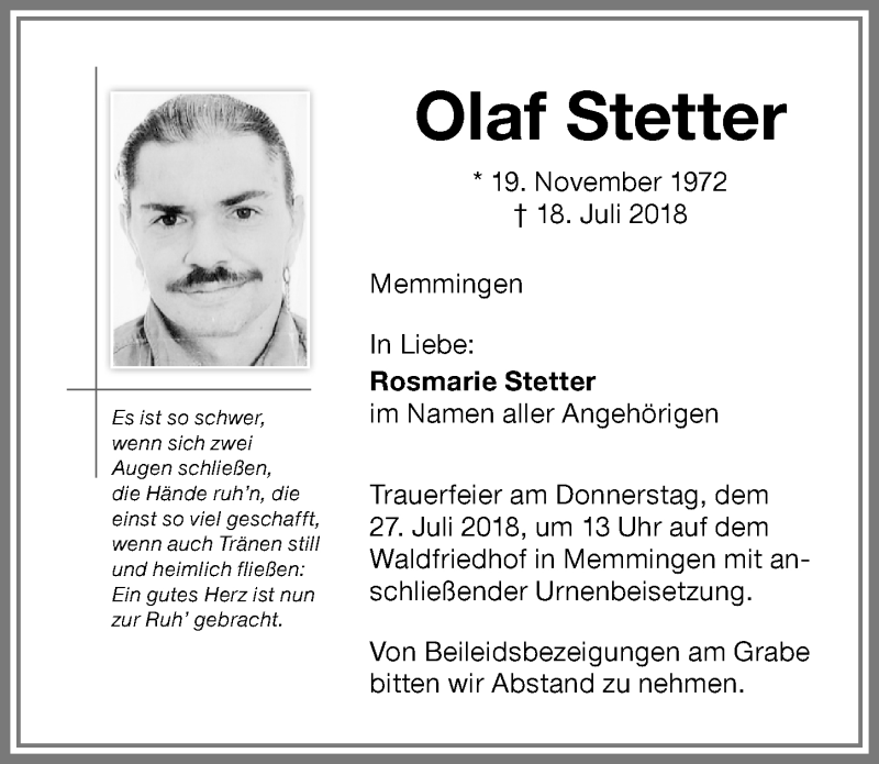  Traueranzeige für Olaf Stetter vom 24.07.2018 aus Memminger Zeitung