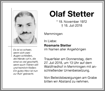 Traueranzeige von Olaf Stetter von Memminger Zeitung