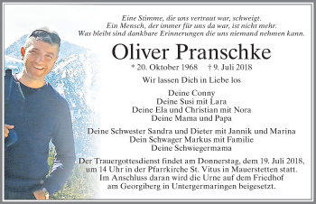Traueranzeige von Oliver Pranschke von Allgäuer Zeitung, Kaufbeuren/Buchloe