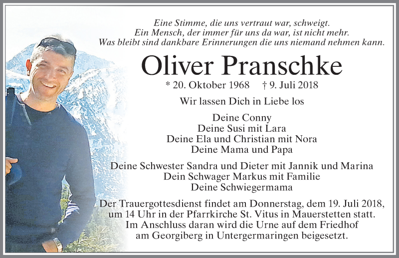  Traueranzeige für Oliver Pranschke vom 14.07.2018 aus Allgäuer Zeitung, Kaufbeuren/Buchloe