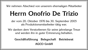 Traueranzeige von Onofrio De Trizio von Allgäuer Zeitung, Marktoberdorf