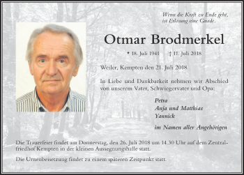Traueranzeige von Otmar Brodmerkel von Der Westallgäuer