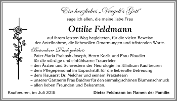 Traueranzeige von Ottilie Feldmann von Allgäuer Zeitung, Kaufbeuren/Buchloe