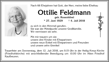 Traueranzeige von Ottilie Feldmann von Allgäuer Zeitung, Kaufbeuren/Buchloe