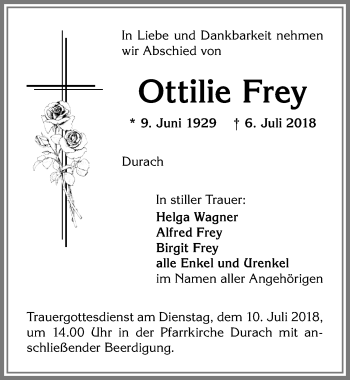 Traueranzeige von Ottilie Frey von Allgäuer Zeitung,Kempten