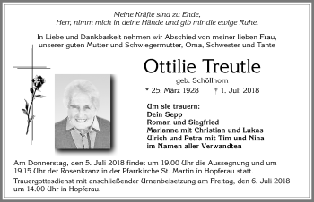 Traueranzeige von Ottilie Treutle von Allgäuer Zeitung, Füssen