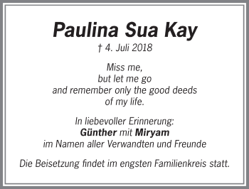 Traueranzeige von Paulina Sua Kay von Memminger Zeitung