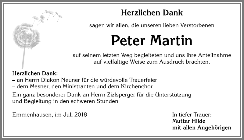  Traueranzeige für Peter Martin vom 11.07.2018 aus Allgäuer Zeitung, Kaufbeuren/Buchloe