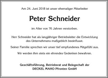 Traueranzeige von Peter Schneider von Allgäuer Zeitung, Füssen