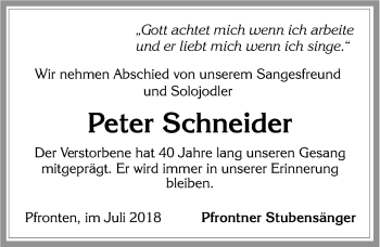 Traueranzeige von Peter Schneider von Allgäuer Zeitung, Füssen