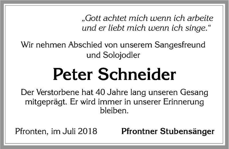  Traueranzeige für Peter Schneider vom 07.07.2018 aus Allgäuer Zeitung, Füssen