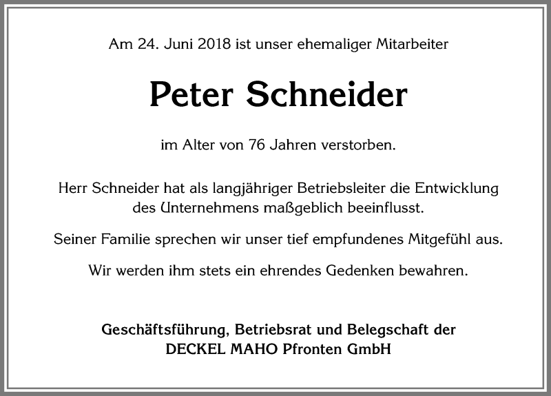  Traueranzeige für Peter Schneider vom 05.07.2018 aus Allgäuer Zeitung, Füssen