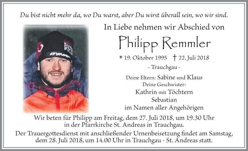  Traueranzeige für Philipp Remmler vom 26.07.2018 aus Allgäuer Zeitung, Füssen