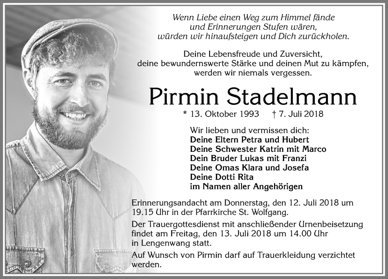  Traueranzeige für Pirmin Stadelmann vom 11.07.2018 aus Allgäuer Zeitung, Marktoberdorf