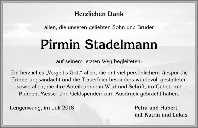  Traueranzeige für Pirmin Stadelmann vom 21.07.2018 aus Allgäuer Zeitung, Marktoberdorf