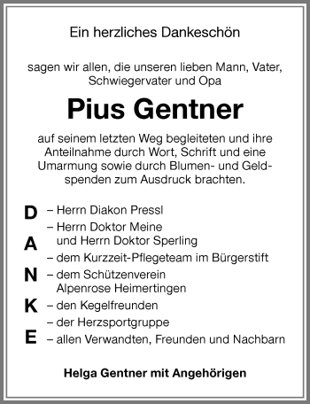 Traueranzeige von Pius Gentner von Memminger Zeitung