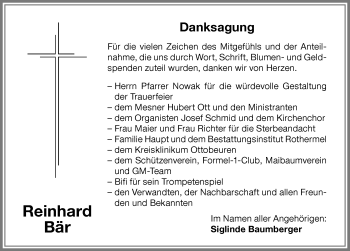 Traueranzeige von Reinhard Bär von Memminger Zeitung