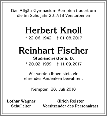 Traueranzeige von Reinhart Fischer von Allgäuer Zeitung,Kempten