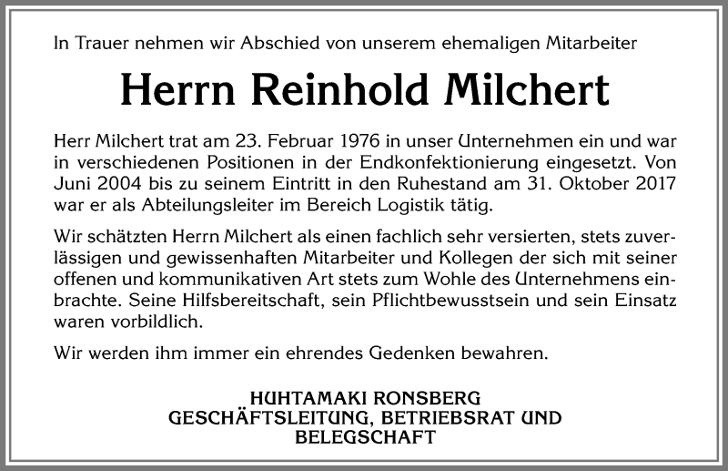  Traueranzeige für Reinhold Milchert vom 31.07.2018 aus Allgäuer Zeitung