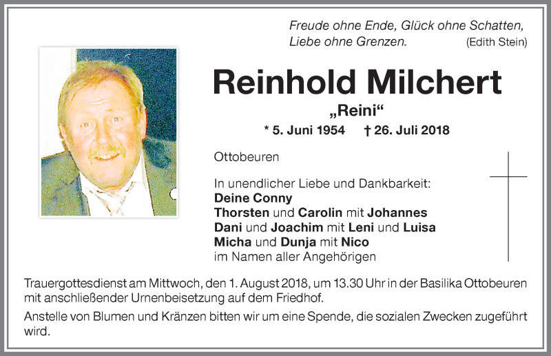  Traueranzeige für Reinhold Milchert vom 30.07.2018 aus Memminger Zeitung