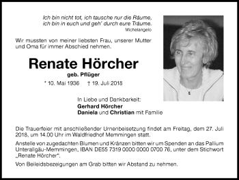 Traueranzeige von Renate Hörcher von Memminger Zeitung