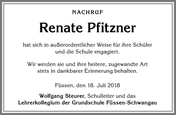 Traueranzeige von Renate Pfitzner von Allgäuer Zeitung, Füssen