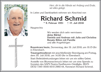 Traueranzeige von Richard Schmid von Allgäuer Zeitung, Marktoberdorf