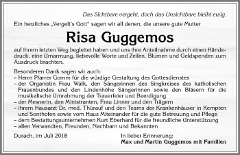 Traueranzeige von Risa Guggemos von Allgäuer Zeitung,Kempten
