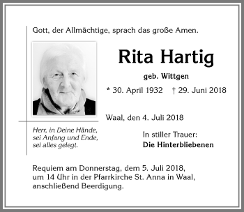 Traueranzeige von Rita Hartig von Allgäuer Zeitung, Kaufbeuren/Buchloe