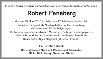 Traueranzeige von Robert Feneberg von Allgäuer Zeitung, Marktoberdorf