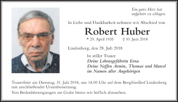 Traueranzeige von Robert Huber von Der Westallgäuer