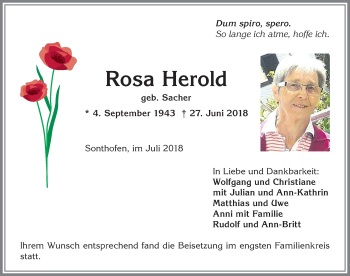 Traueranzeige von Rosa Herold von Allgäuer Anzeigeblatt