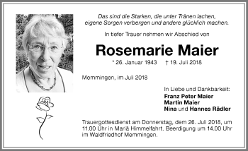 Traueranzeige von Rosemarie Maier von Memminger Zeitung